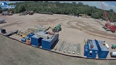 Still from an ODOT time-lapse video of the construction of the new railroad bridges to be moved and installed January 26-28 in Oklahoma City over I-235.