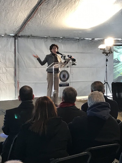 Rhode Island Governor Gina Raimondo speaks at the recent ceremony for revamping the 6-10 Interchange in Providence.