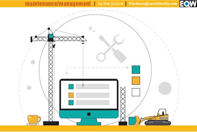 Crane, computer, bulldozer, and coffee cup graphic