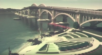 Screen shot of rendering of Ton Staed Veterans Memorial Bridge and memorial plaza from YouTube design presentation.