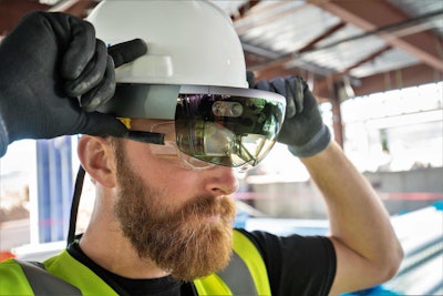 With the HoloLens-fitted hard hat, workers can see 3D images of a layout on the ground or the design of a building and all its layers, structures and utilities. The images are based on CAD drawings that are streamed to the device from the cloud using Trimble Connect software.