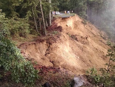 A large portion of State Route 35 near Castle Rock State Park in Santa Clara County, in the San Francisco Bay Area, collapsed due to a major wash out February 10, 2017. California DOT photo.