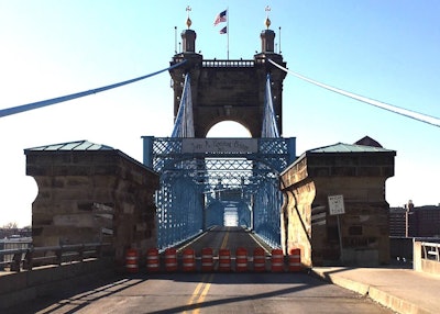 The 151-year-old John Roebling Bridge will be closed until repairs can be made after a car smashes into a vertical beam.