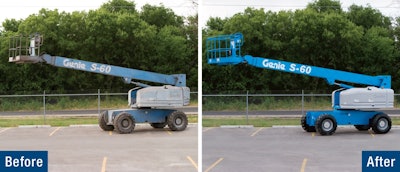 Before and after: a reconditioned Genie aerial lift ready for market again.