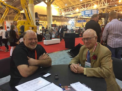 During the busy 2018 Rental Show in New Orleans, Clay Eubanks, past ARA board member and associate member director, (left) enjoys a break with Carl Newman, a past ARA president who was inducted into the Rental Hall of Fame during the show February 18-21. Eubanks, of Georgia, is president of Takeuchi Manufacturing-US. During a special ceremony, Newman, of Tennessee, was inducted into the Hall of Fame along with the late Melvin Williams for their major contributions to the rental industry.