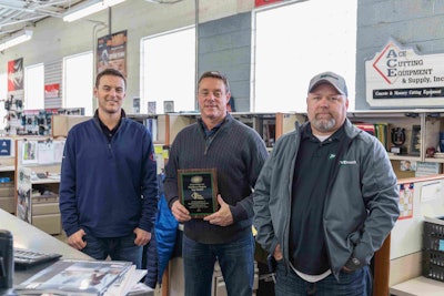 Ace Cutting Equipment & Supply is Minnich top dealer for 2017 in the northern region. Above, left to right, Steve Measel of Ace Cutting Equipment & Supply,Ron Measel of Ace Cutting Equipment & Supply, Mike Sansom of Minnich Manufacturing,