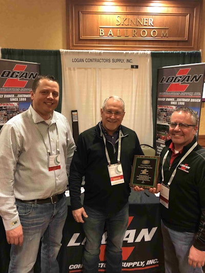 Minnich Manufacturing has named Logan Contractors Supply of Iowa as the top dealer of the year for 2017. Above, left to right, Todd Jurjevic of Minnich Manufacturing, Dave Potter of Logan Contractors Supply, Scott Mouw of Logan Contractors Supply.