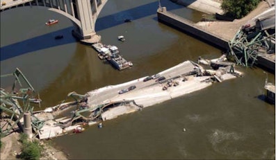 One of the nation’s deadliest infrastructure failures was on Aug. 1, 2007, when a gusset plate failed on the 8-lane I-35W bridge in Minneapolis. The collapse killed 13 people and injured 145. Photo courtesy of National Transportation Safety Board.