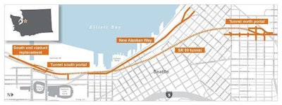 This Washington State DOT map shows the Alaskan Way Viaduct Replacement Project, including the path of the State Route 99 tunnel.