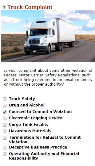 The initial selection on the desktop version of the FMCSA’s complaints website looks like this.