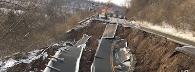 This section of Route 30 in East Pittsburgh collapsed April 7, damaging an apartment building and houses.