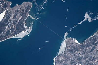 International Space Station image of Mackinac Bridge. Photo by NASA astronaut Drew Feustel.