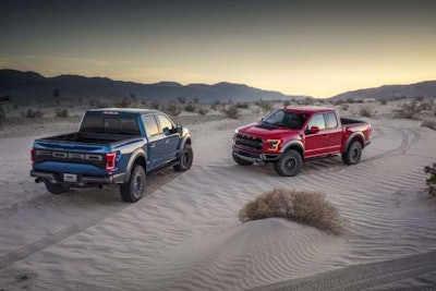 2019 Ford F-150 Raptor in blue and red