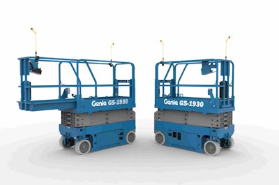 When the “whiskers” on the guardrails touch an object, Genie’s Lift Guard sets off an alarm and lights and automatically stops the slab scissor lift or vertical mast lift.