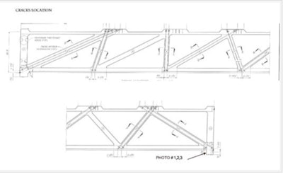 Elevation view of the pedestrian bridge in these drawings shows where the north-end cracking occurred. Refer to photos 1, 2 and 3 above this drawing for close-up details of the cracking on the north end. Source: Bolton-Perez and Associates Consulting Engineers, NTSB.