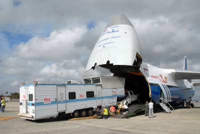 AN-124 cargo plane is shown here loading a portable FAA control tower.
