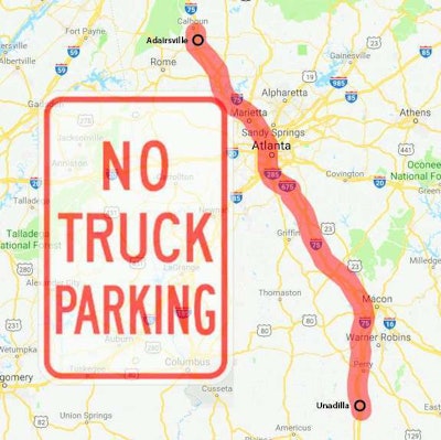 No Truck Parking sign over a map of I-75