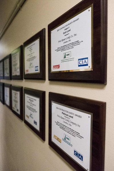 Fritz-Rumer-Cooke’s many safety awards proudly hang in the company’s office hallway.