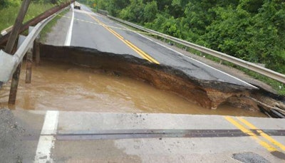 Highway 198 bridge washed out in heavy rains. Photo courtesy of MDSHA.