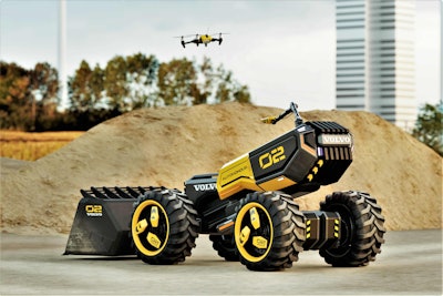 The ZEUX autonomous wheel loader concept employs a scout drone and an adjustable, boom-mounted camera called The Eye, to keep track of its surroundings and indicate focus to nearby humans.
