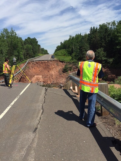 Washout on U.S. 2 at North Fish Creek near Ino, Wisconsin. Credit: Wisconsin DOT