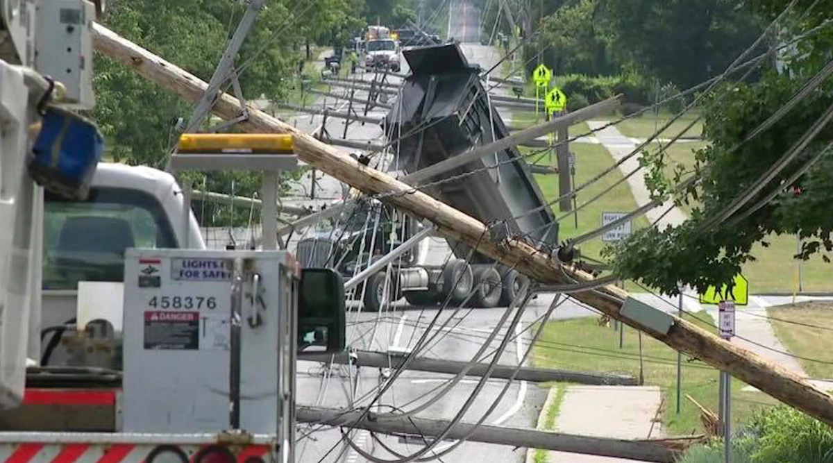 Accident involving dump truck brings down power lines | Equipment World