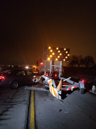 A wrecked attenuator following a work zone crash. Photo: Iowa DOT