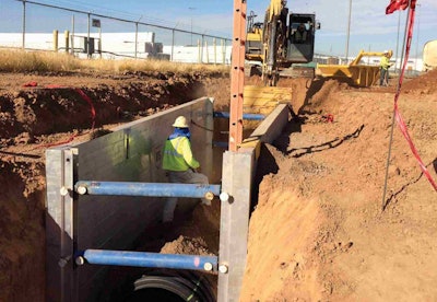 Worker in trench with proper protection against collapse