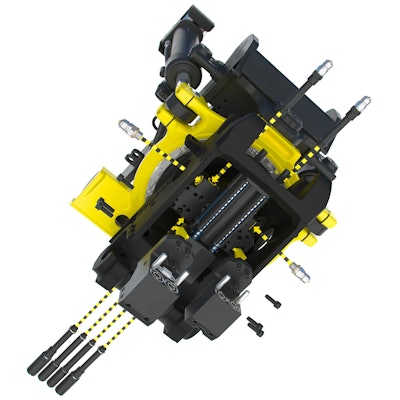 Engcon’s Q-Safe (QS) modular system allows quick, hoseless attachments of grab cassette and brush sweeper from the excavator cab. The system uses extra bolts and attachment connectors (bottom left) instead of hoses.