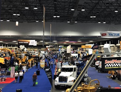 View from a scissors lift of the Public Works Expo, part of the 2018 American Public Works Association convention.