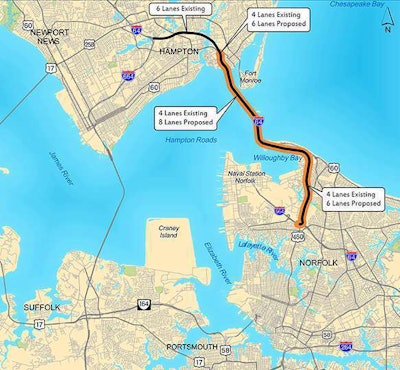 This map shows the proposed route of the Hampton Roads Bridge-Tunnel expansion project.
