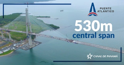 The Panama Canal authority touts the latest progress on the 530-meter (1,739-foot) central span of the Atlantic Bridge.