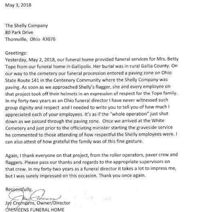 Letter to The Shelly Company from Jay Cremeens, owner of Cremeens Funeral Home