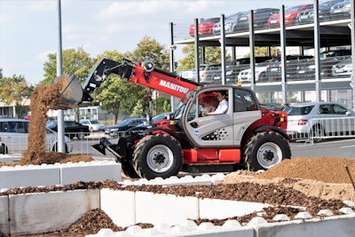 By using an E-Deutz diesel engine and driveline to power a generator and store energy in a battery pack, this Manitou telehandler can downsize from a 3.6 liter/100 horsepower engine to a 2.2 liter/73 horsepower engine and tap 26 horsepower from the batteries and generator to make up the difference.