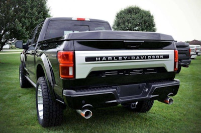 Rearview tailgate view of Harley-Davidson custom Ford F-150 truck