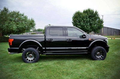Side view of custom F-150 Ford Harley Davidson truck