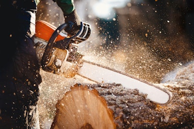 Chainsaw cutting through a log
