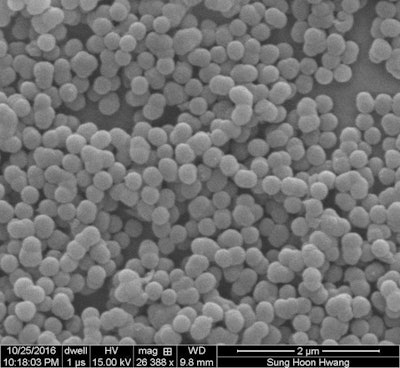 Packed, micron-scale calcium silicate spheres developed at Rice University. Photo: Multiscale Materials Laboratory/Rice University.