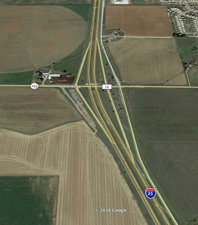 Colorado Highway 402 and Interstate 25 interchange. Google Earth screen shot.