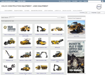 A screenshot of the Volvo used construction equipment website.
