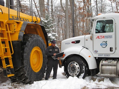 Alta Equipment service tech standing between a piece of Volvo heavy equipment and his Alta Equipment Company service truck