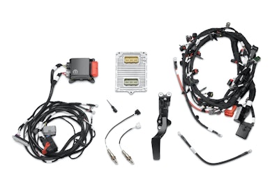 The “Hellephant” 426 Supercharged Mopar Crate HEMI® Engine Kit. The kit includes a powertrain control module (PCM), power distribution center, engine wiring harness, chassis harness, accelerator pedal, ground jumper, oxygen sensors, charge air temperature sensors, fuel pump control module and cam bus interface device.
