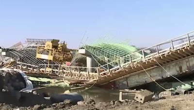 A still from KSFY footage shows the collapsed bridge.