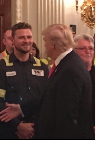 West Side Tractor’s Field Service Technician Andrew Roge is greeted by President Trump at the White House.