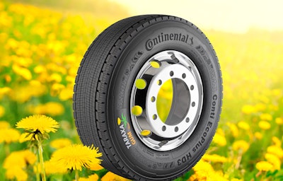 Continental’s prototype Taraxagum commercial truck tire is made from rubber from the Russian dandelion. The Conti EcoPlus HD3 tire is being tested in Germany.