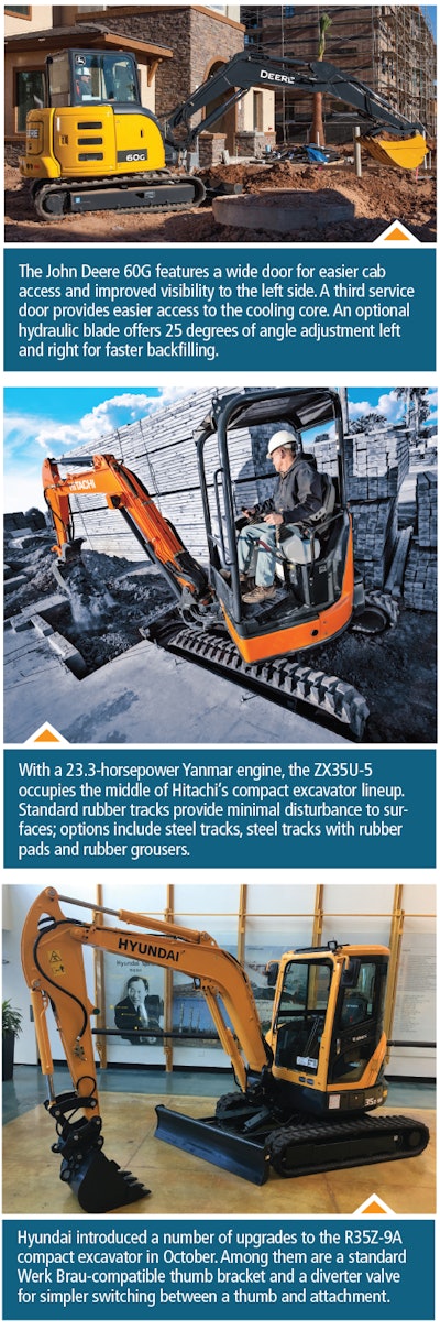 John Deere 60G, Hitachi ZX35U-5, and Hyundai R35Z-9A compact excavators
