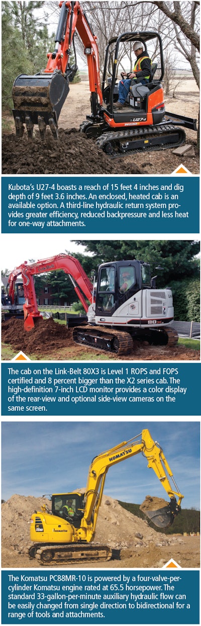 Kubota U27-4, Link-Belt 80X3, and Komatsu PC88MR-10 compact excavators