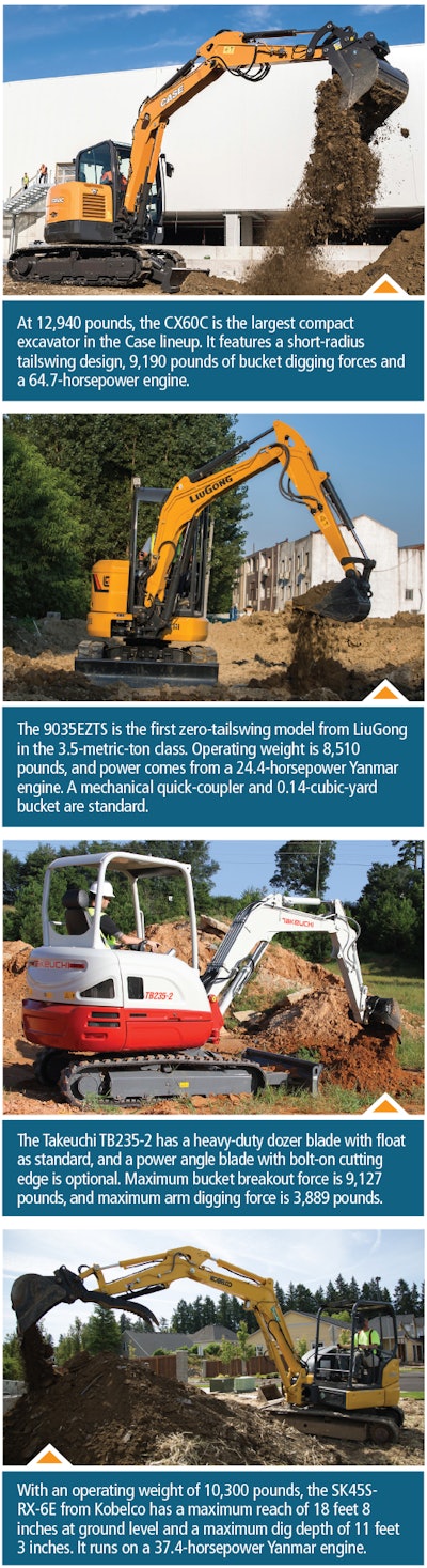 Compact excavators from Case, LiuGong, Takeuchi, and Kobelco