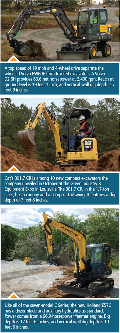 Volvo EQ60E, Cat's 301.7 CR, and Holland E57C compact excavators