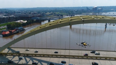 A drone inspects the Daniel Carter Beard Bridge. Photo courtesy of Intel.